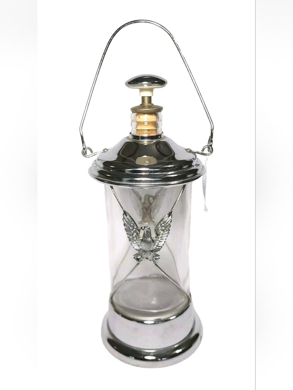Vintage Glass Whiskey Decanter Music Box HOW DRY I AM American Bald Eagle Chrome